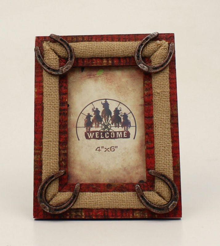 Burlap Horse Shoes Frame 4 x 6 Bk/Wh