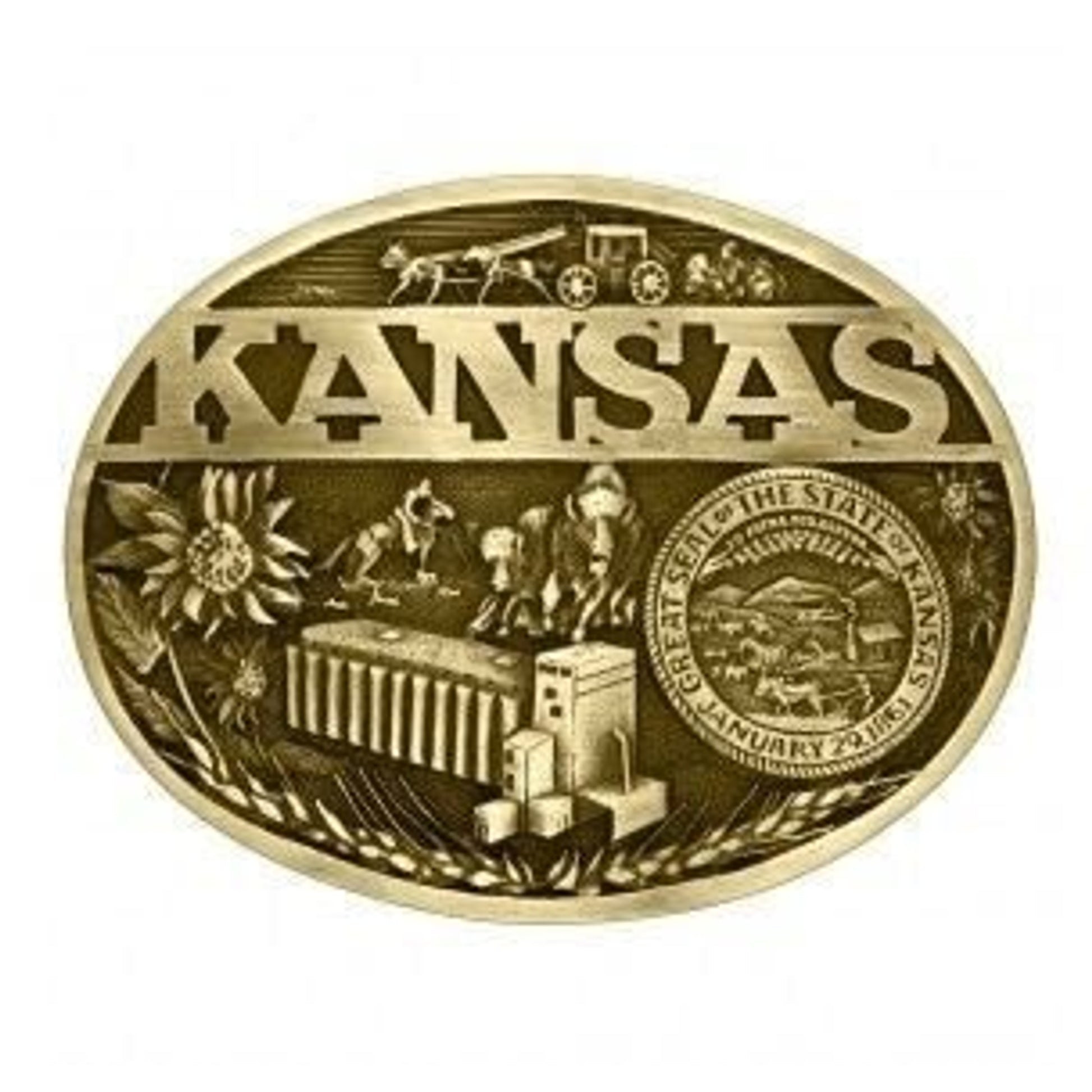 Kansas State Heritage Attitudebuckle 3.625X2.75 Br