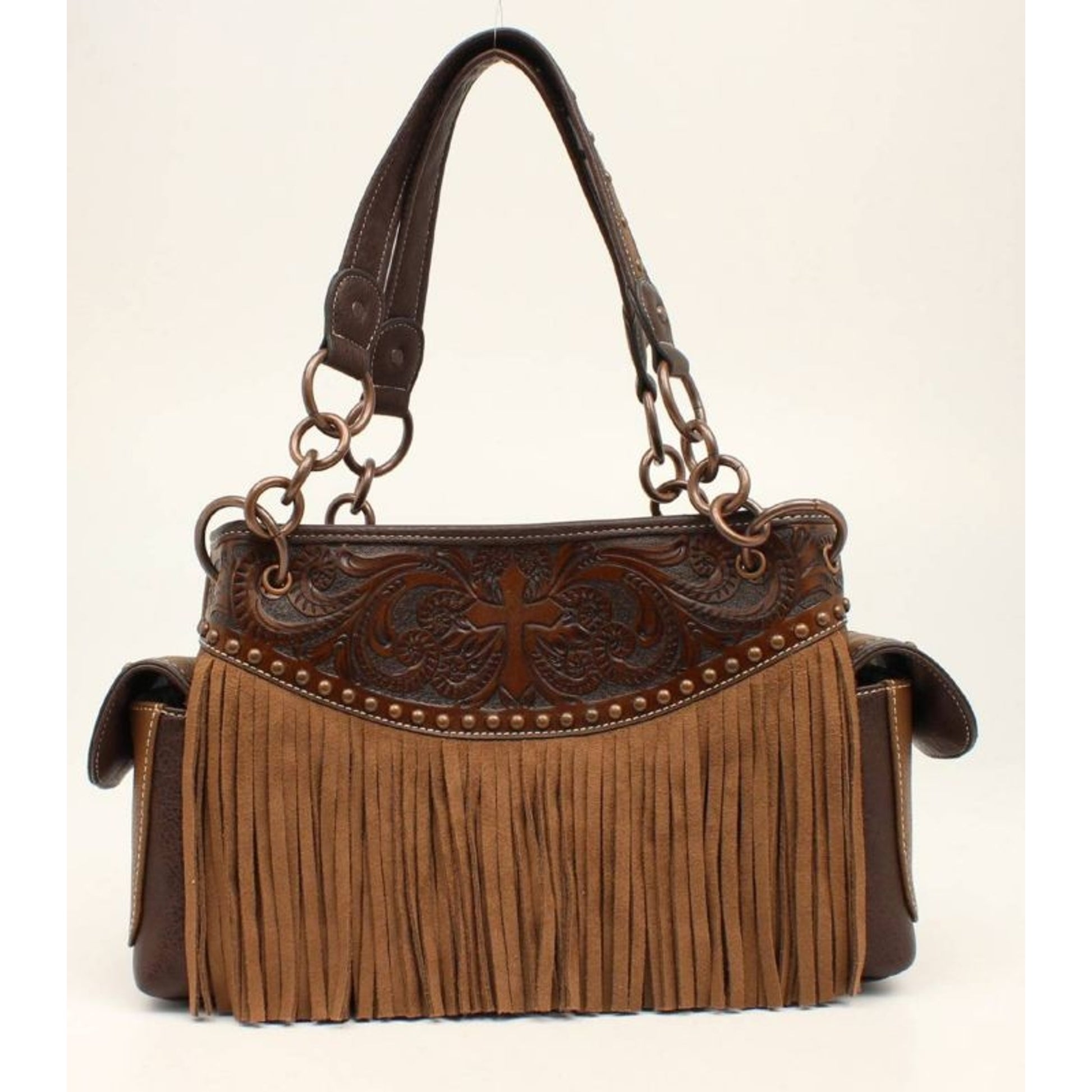 Nocona Amelia Cross Tooled Fringed SatchelBk/Wh