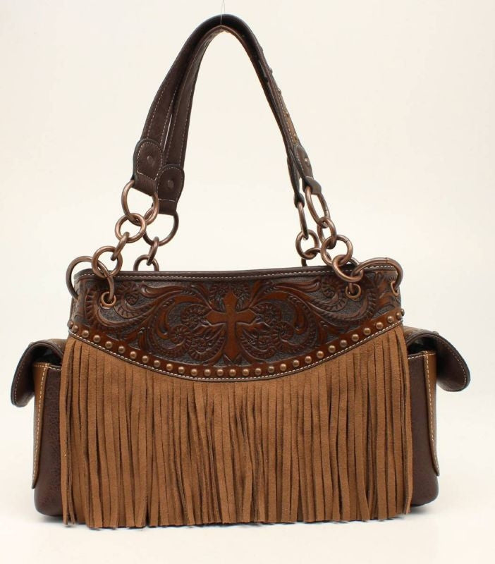 Nocona Amelia Cross Tooled Fringed SatchelBk/Wh