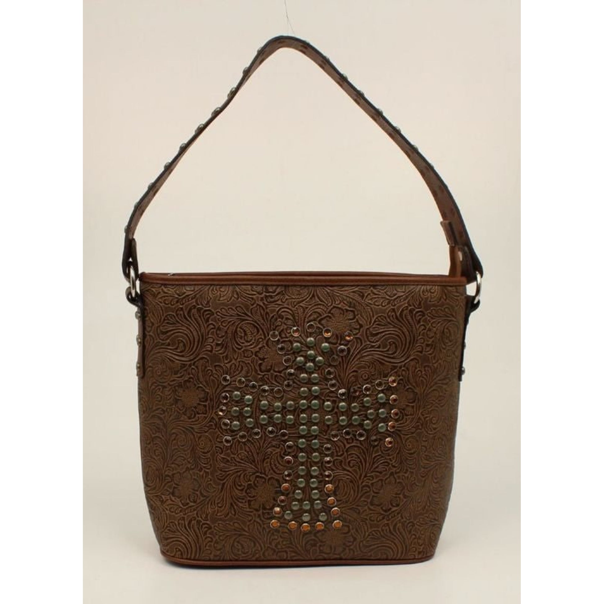 Nina Embossed Nailhead Studded Cross Shoulder Bag