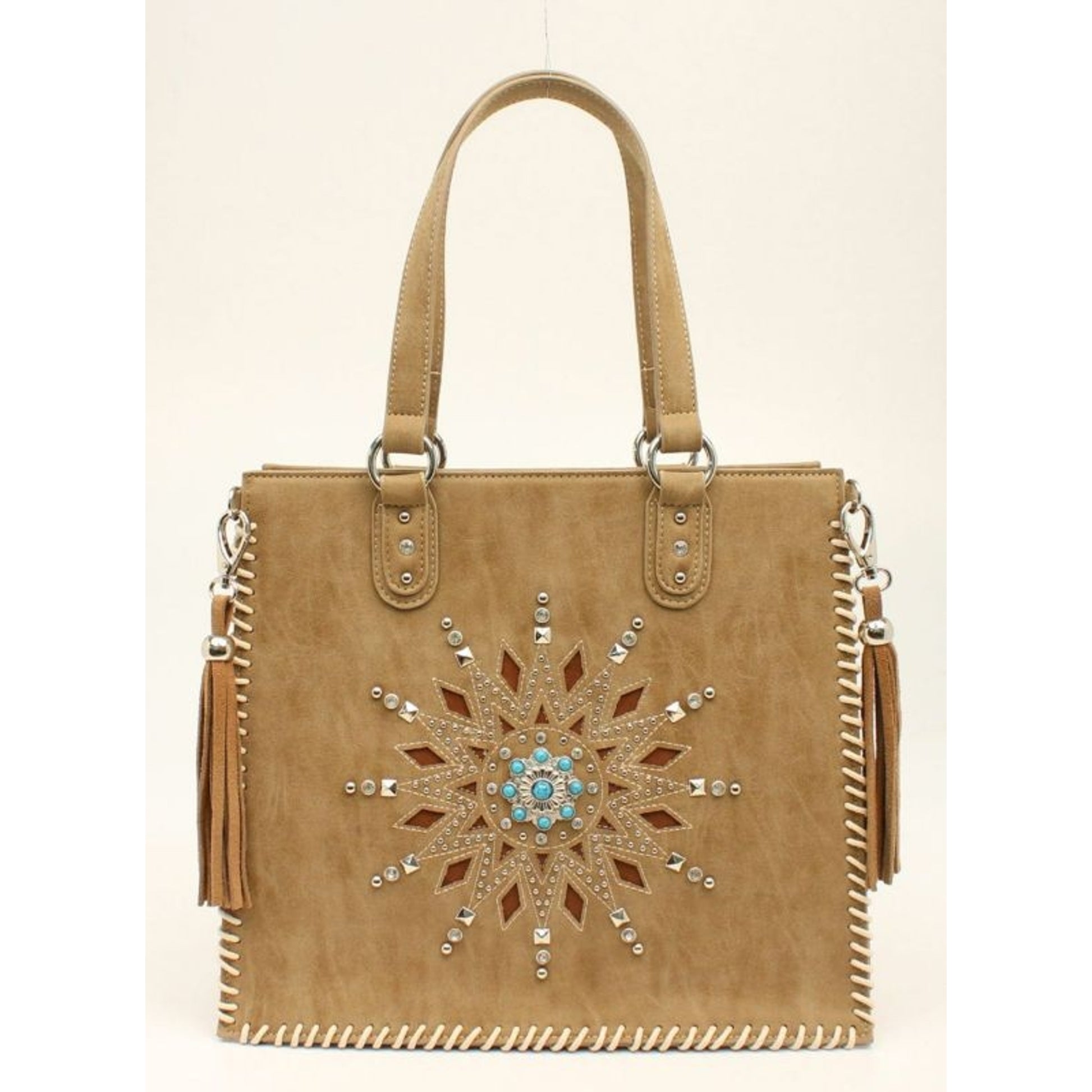 Nocona Stella Starburst Fringe Tassel ToteBk/Wh