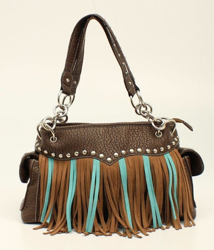 Nocona Jolie Nailhead And Fringe SatchelBk/Wh