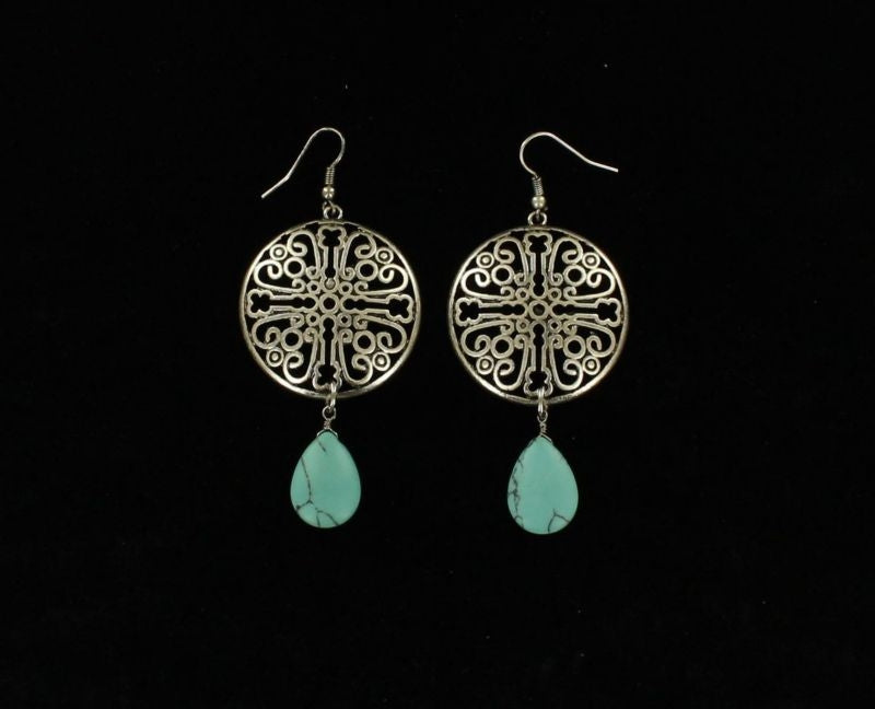Blazin Roxx Disc Teardrop Stone EarringsSil/Turq