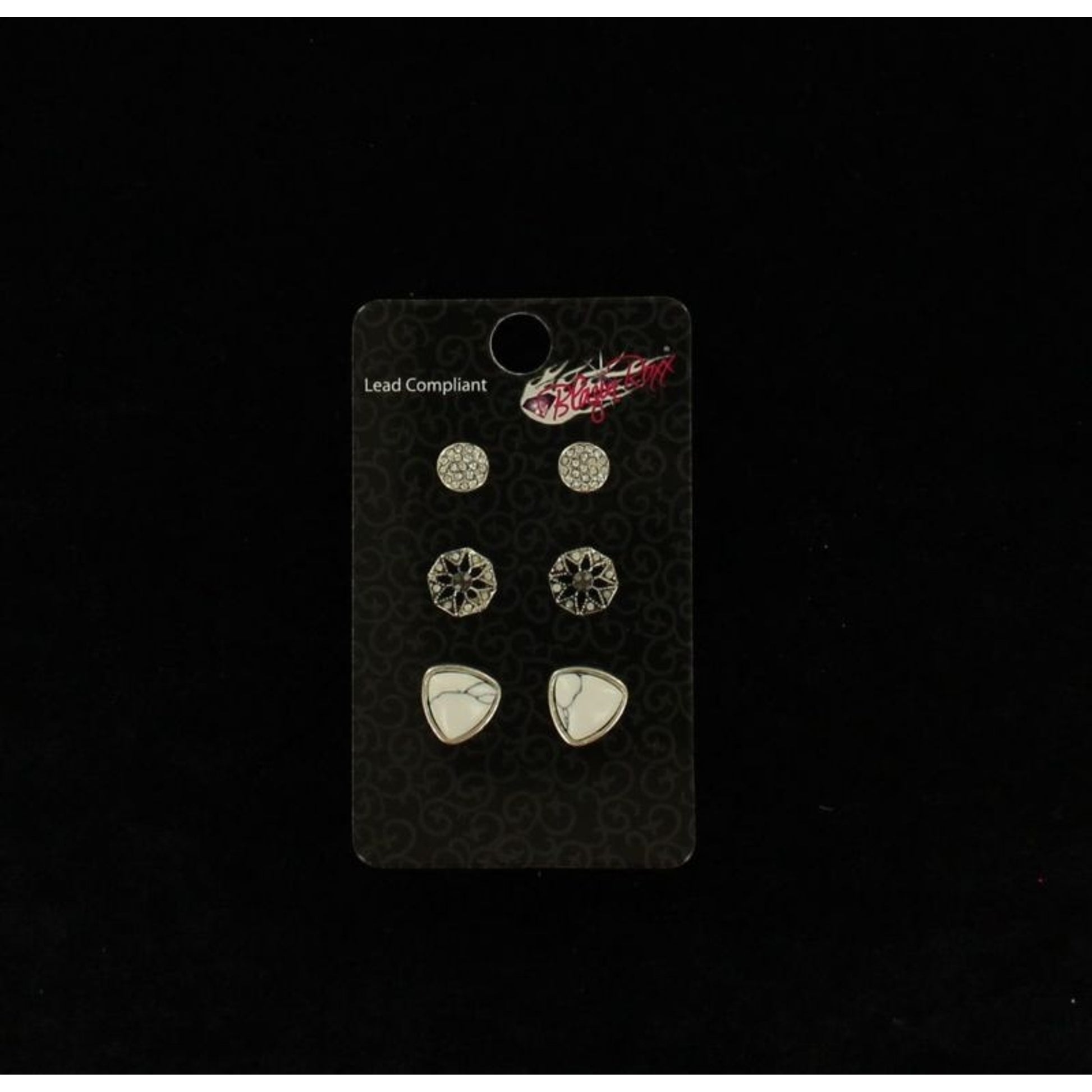 Rhinestone/Stone Earrings Set - 3 PairBk/Wh