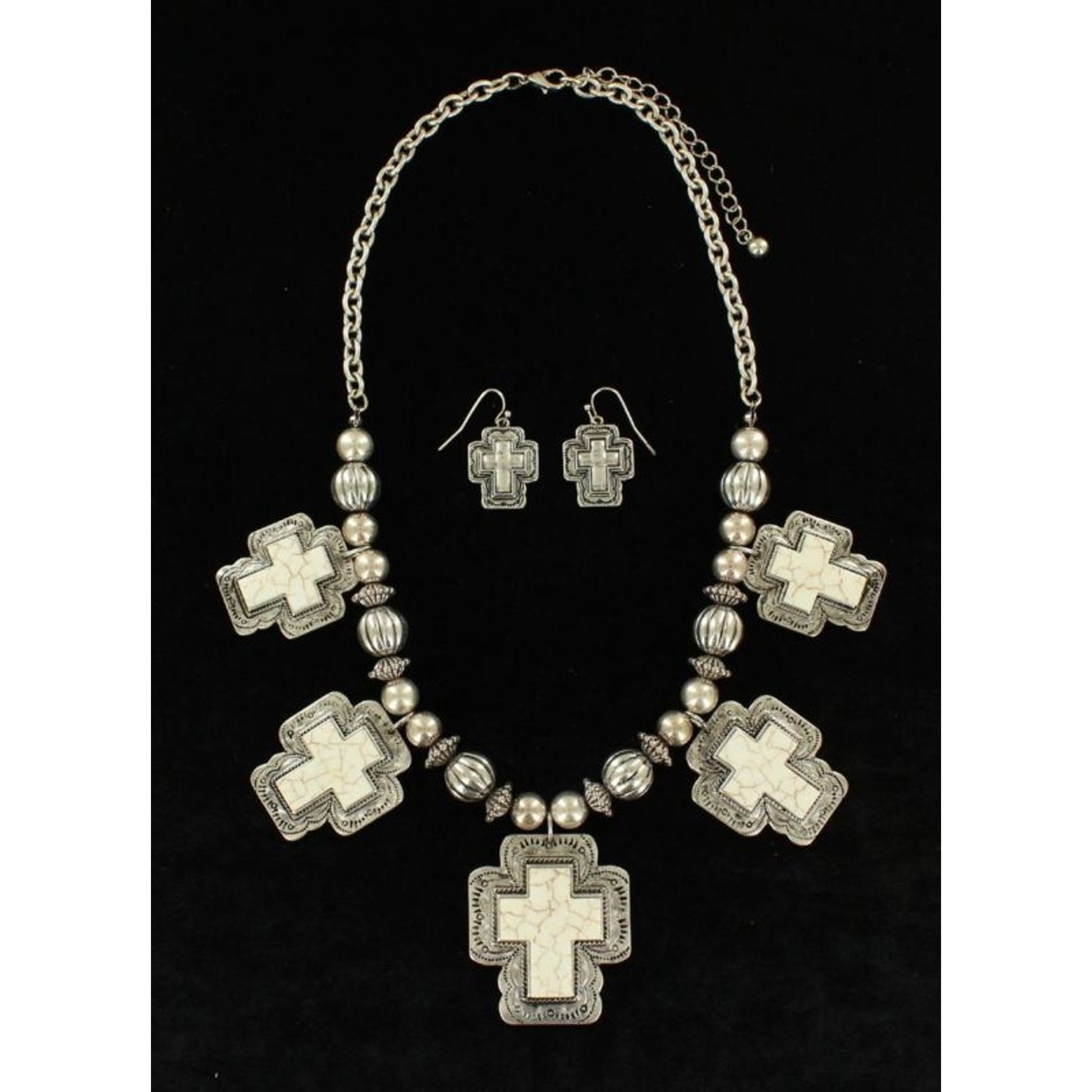 Silver/Stone Cross Bead Necklace/Earring SetBk/Wh