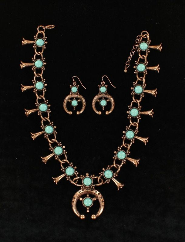 Round Stone Blossom Necklace/Earring SetBk/Wh