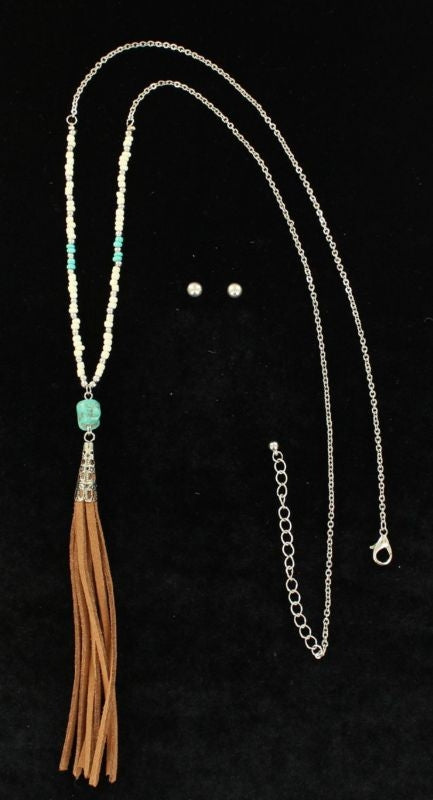 Beaded Long Fringe Necklace/Earrings SetTurqu/Wht