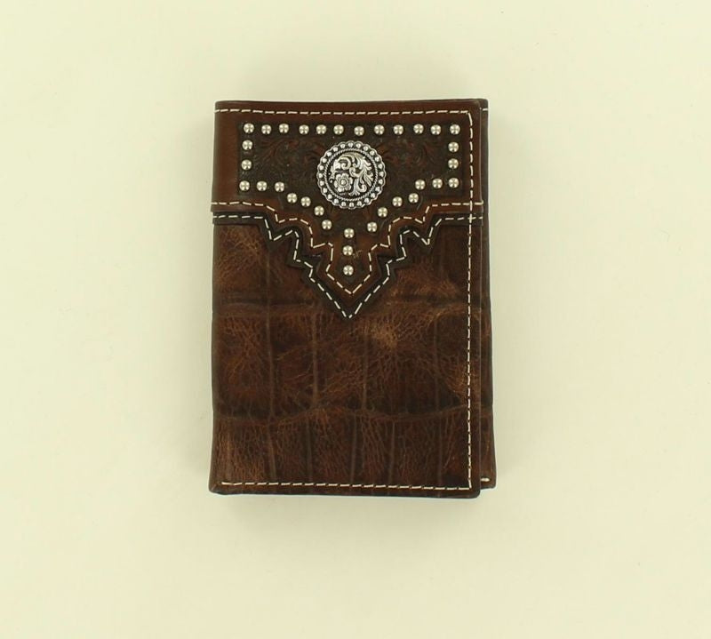 Croco Overlay Nailhead Concho Tri-Fold WalletBrn