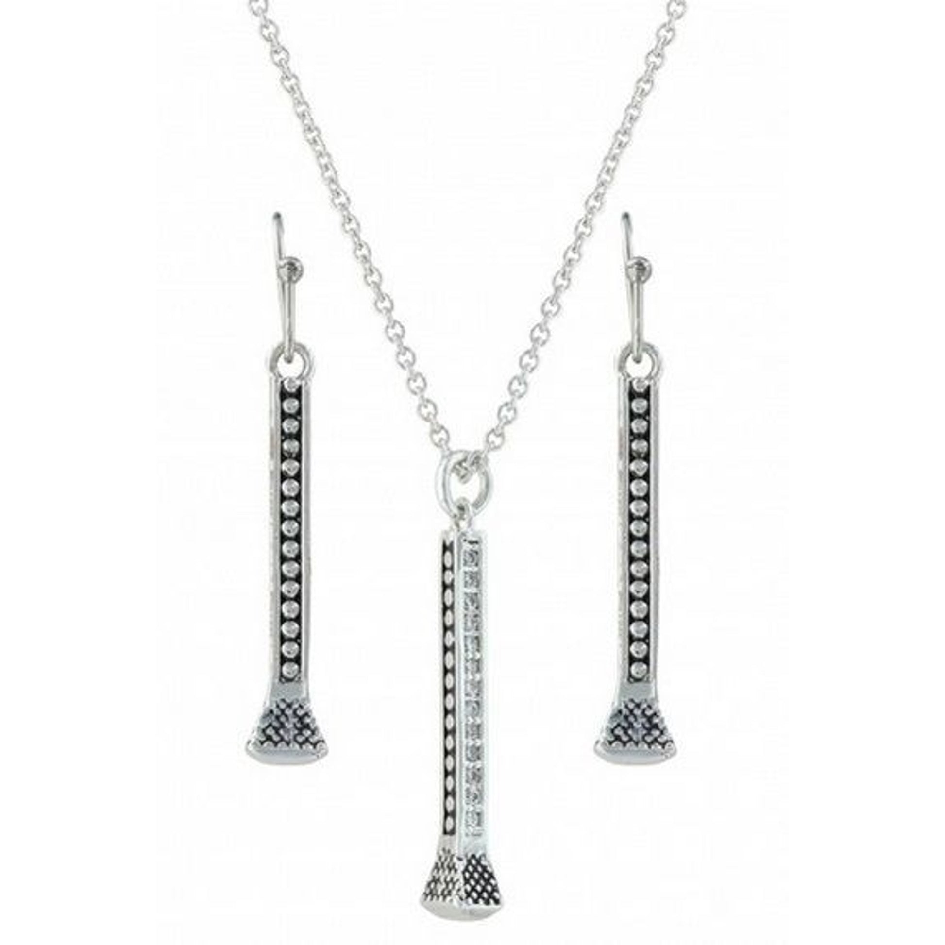 Hanging Horseshoe Nail CZ Jewelry Set Silver