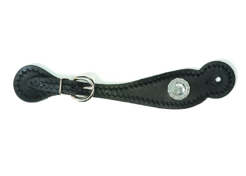 Border Stamped Black Spur Straps With Concha Black