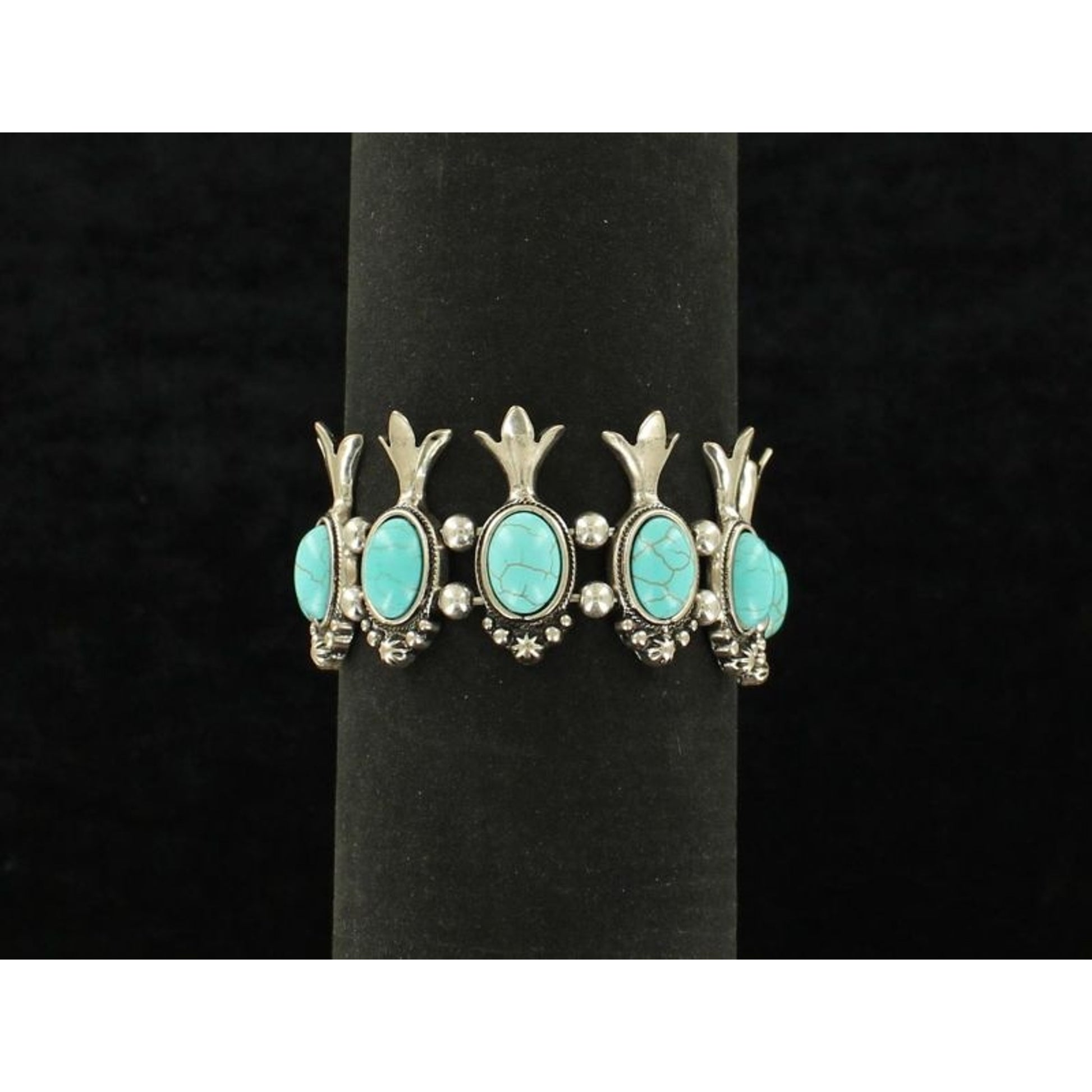 Oval Stone Squash Blossom Stretch BraceletBk/Wh