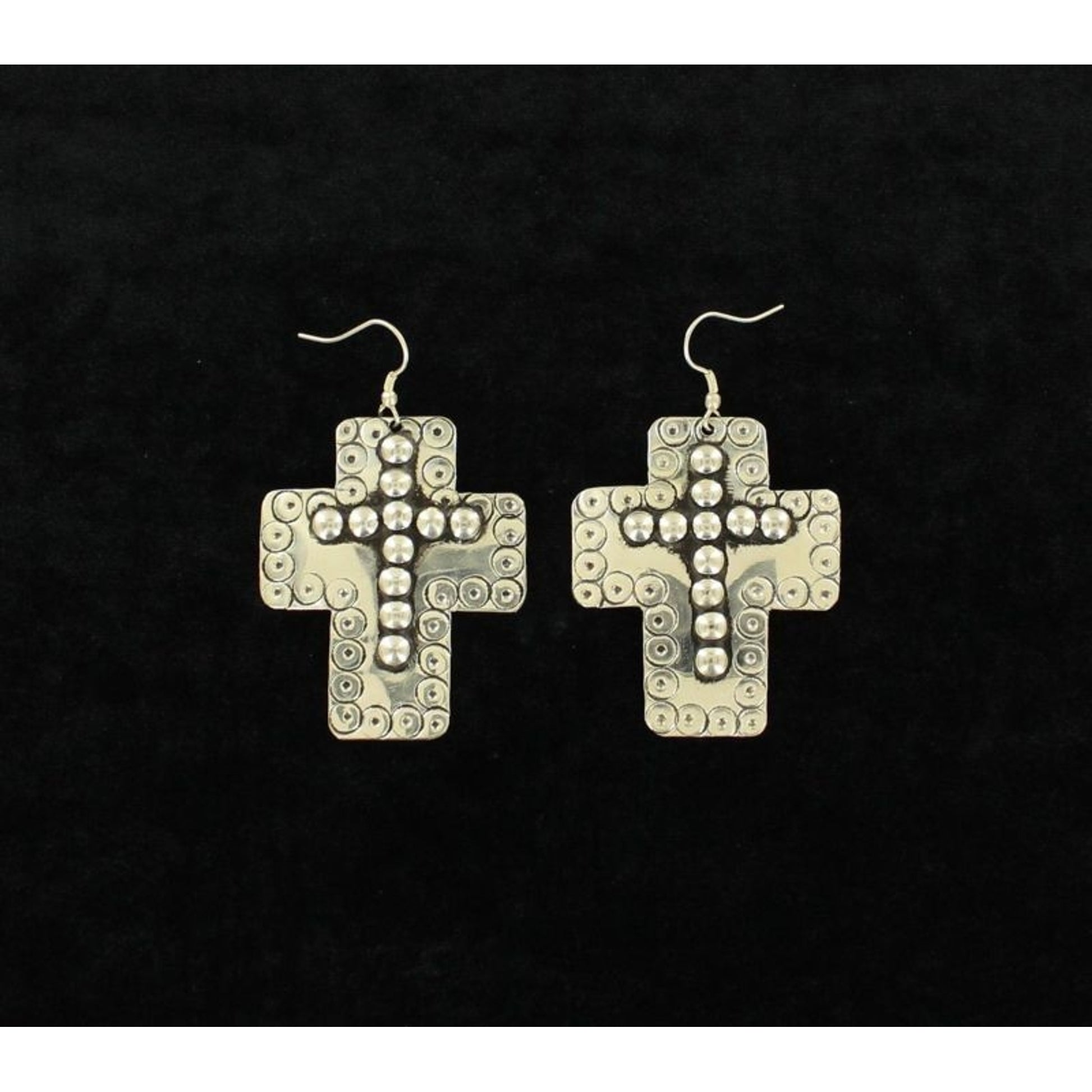 Blazin Roxx Lg Embossed Cross Stone EarringsBk/Wh