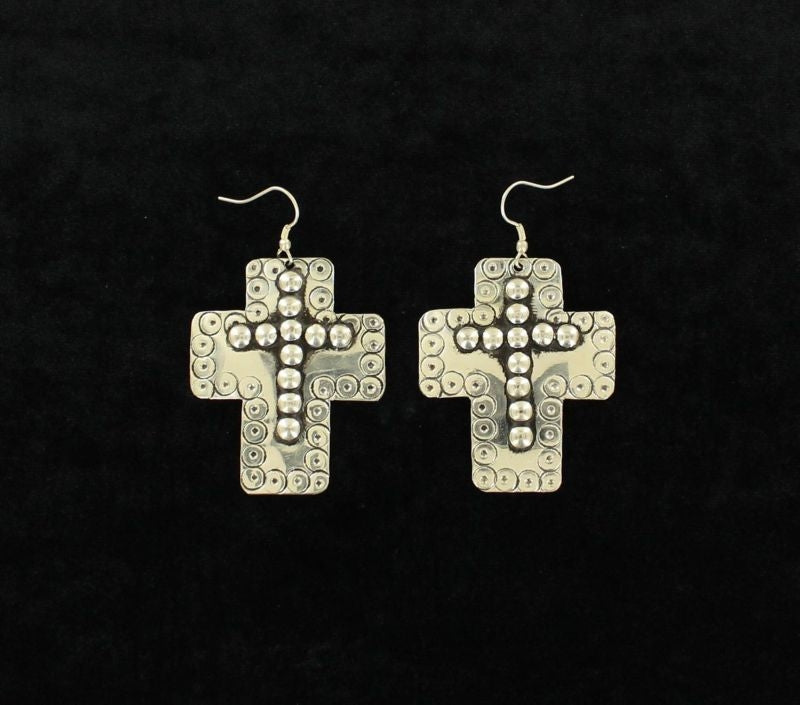 Blazin Roxx Lg Embossed Cross Stone EarringsBk/Wh