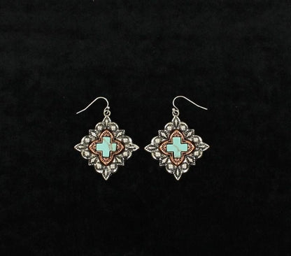 Western Diamond Cross Dangle EarringsBk/Wh