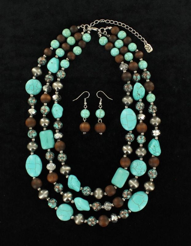 Crystal Stone/Wood Bead Choker/Earring SetTur/Brn