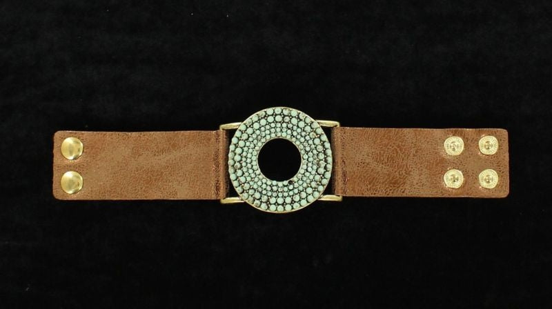 Round Center Stone Leather Strap BraceletBk/Wh