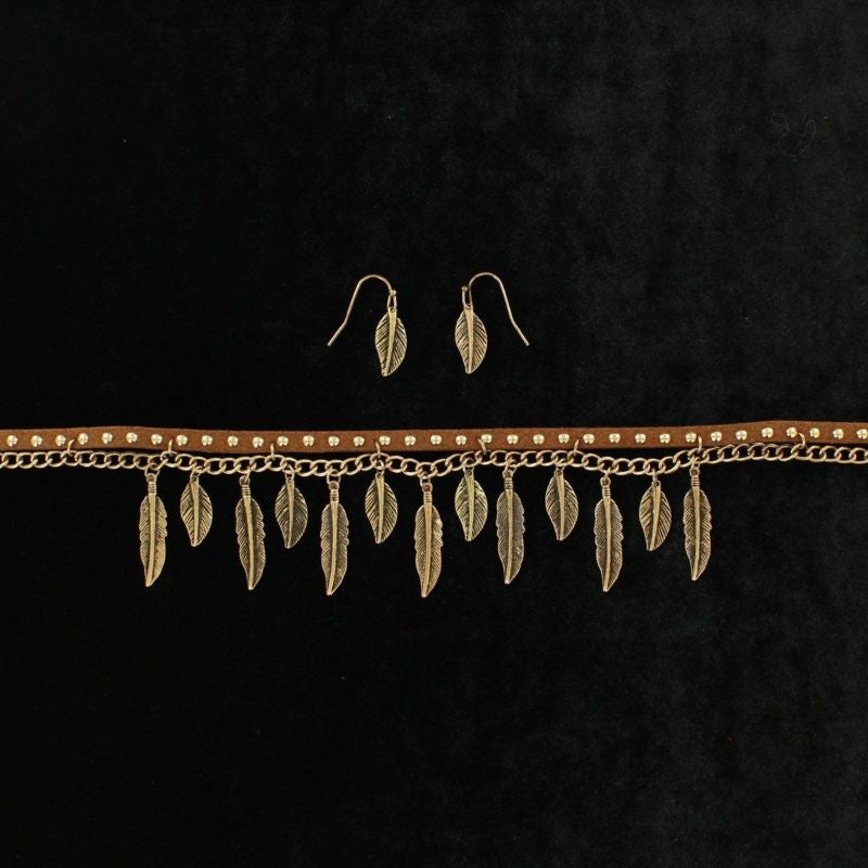 Dangle Feathers Leather Choker And Earrings Set