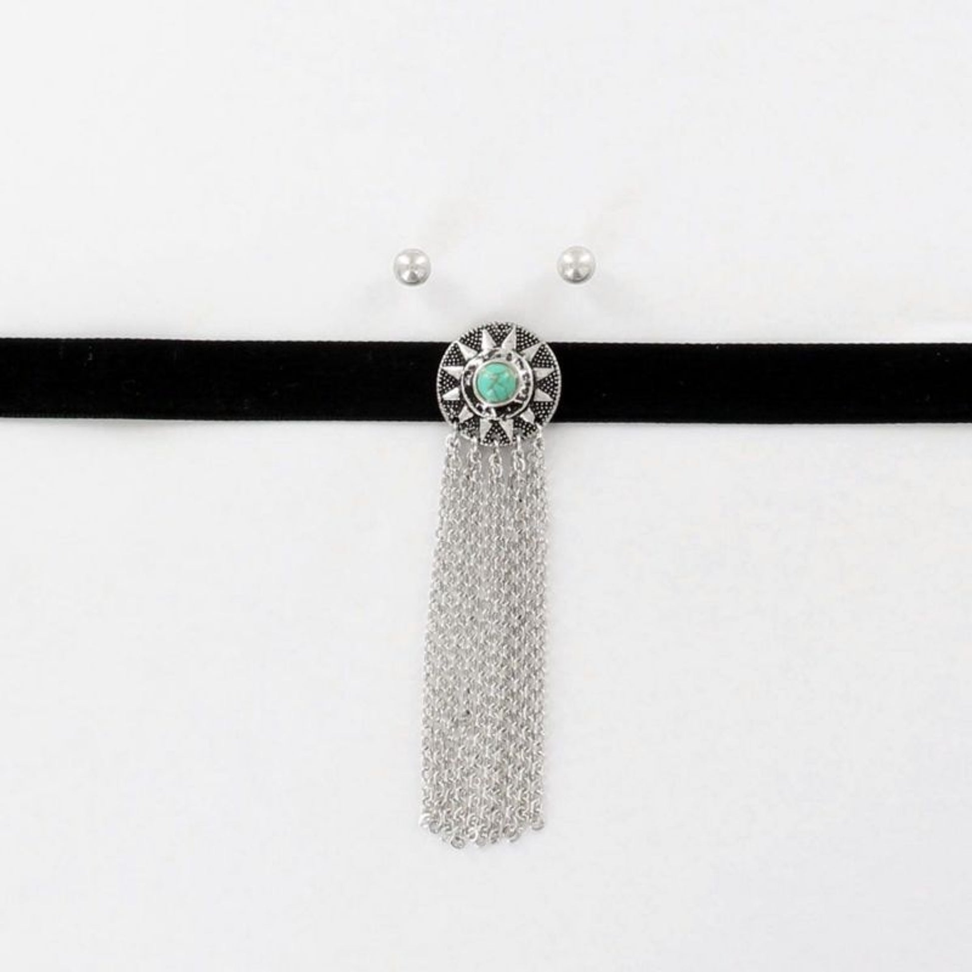Turquoise Stone/Chain Choker/StudEarring SetBk/Wh