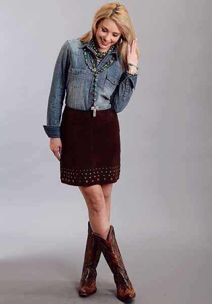 Stetson Ladies Suede Lamb Skirt With Nailheads 10 Brn