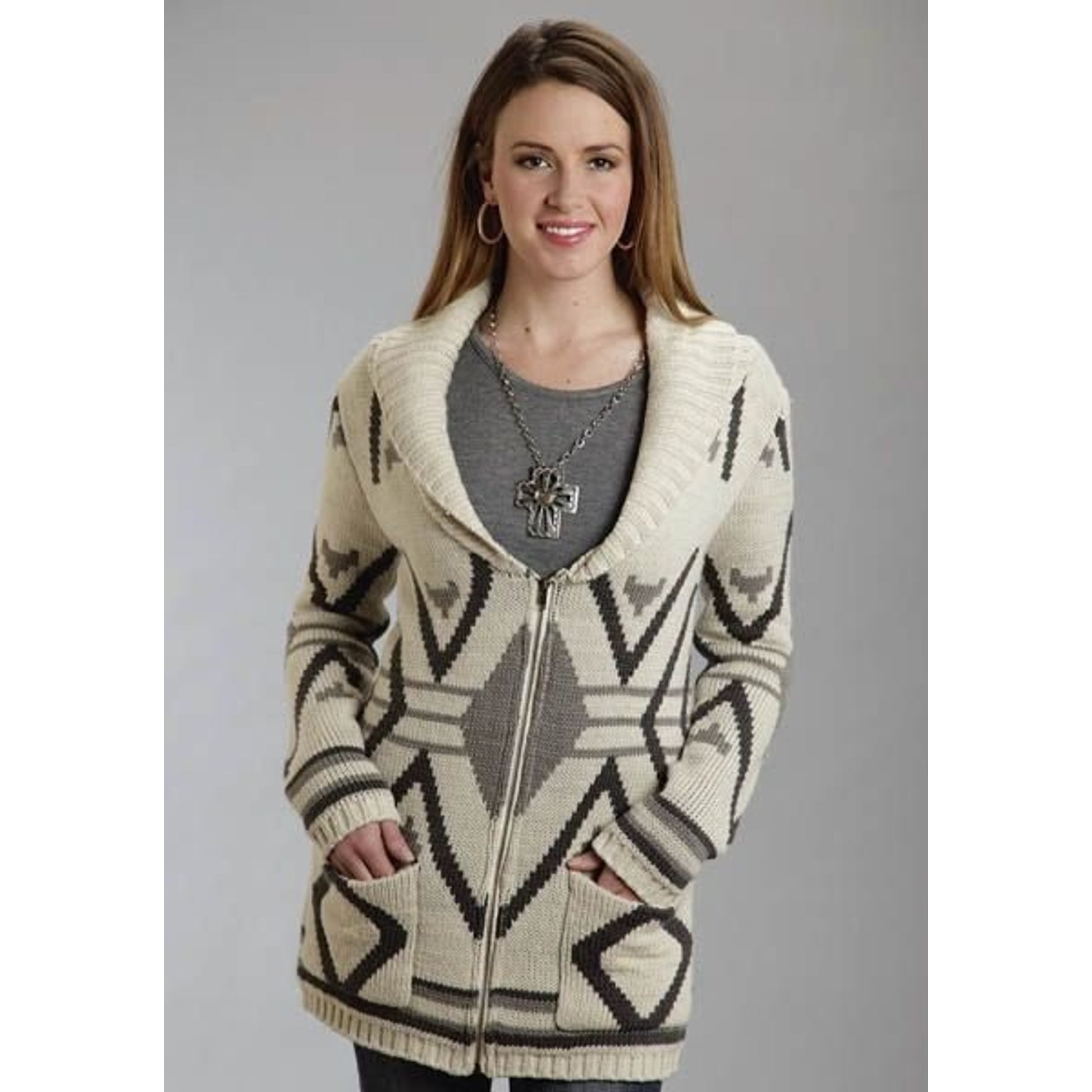 Stetson Ladies Aztec Intarsia Zipper Cardigan L Br