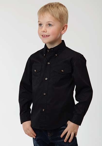 Boys Solid Poplin Long Sleeve Button Shirt Med Bk