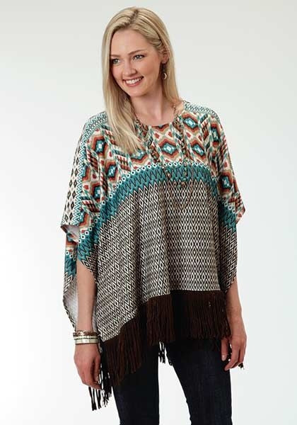 Roper Ladies Aztec Border Print Poncho ML Brn