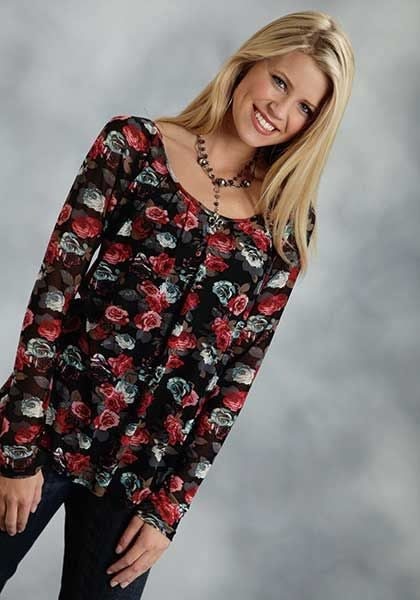 Roper Ladies Stretch Mesh Peasant Blouse Lg Blk