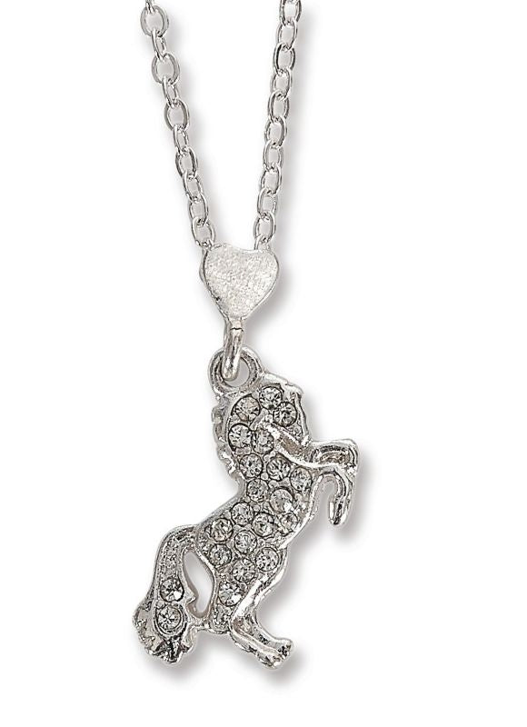 Pink Horse Box with Cz Rearing Horse NecklaceBk/Wh