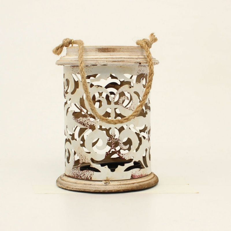 Distressed Metal Scrolled Cutout Candle HolderWht