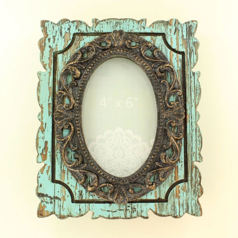 Metal Oval Distressed Wood Frame 4 X 6 Turq