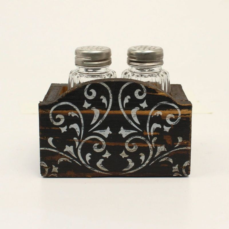 Stained Wood Iv Scroll Salt/Pepper Shaker Holder
