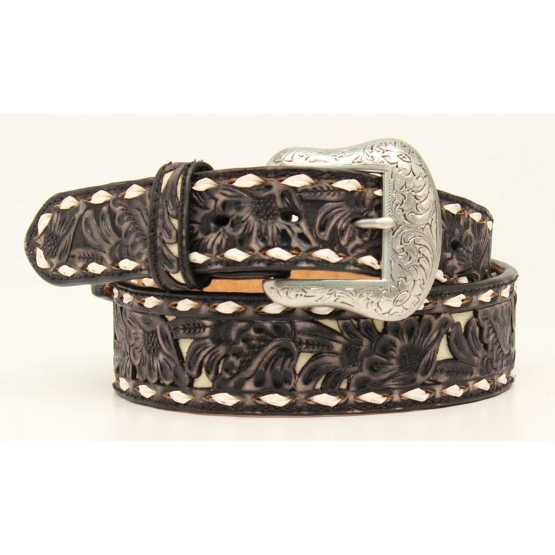 Nocona 1 7/8-1 1/2 Floral Embos Lace Belt 32 Black