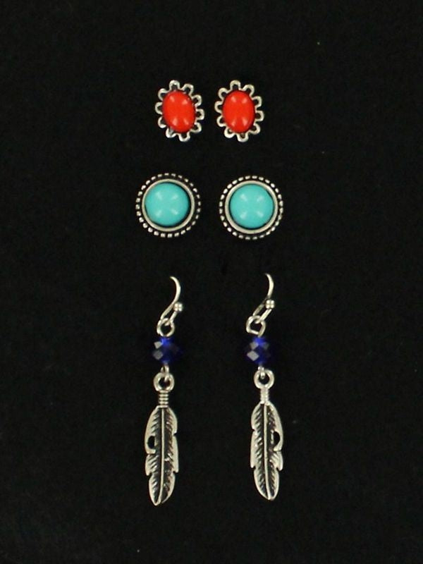 2 Post Earrings One Fishhook Earrings SetBl/Rd