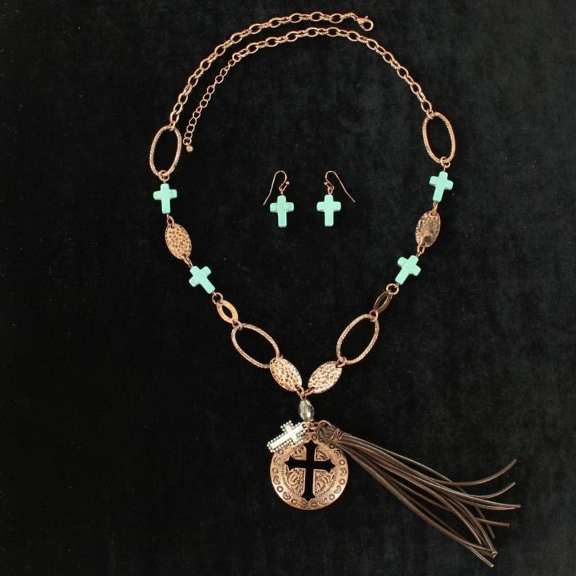 MultiCross Fringe Necklace/Earring SetTurq/Cop