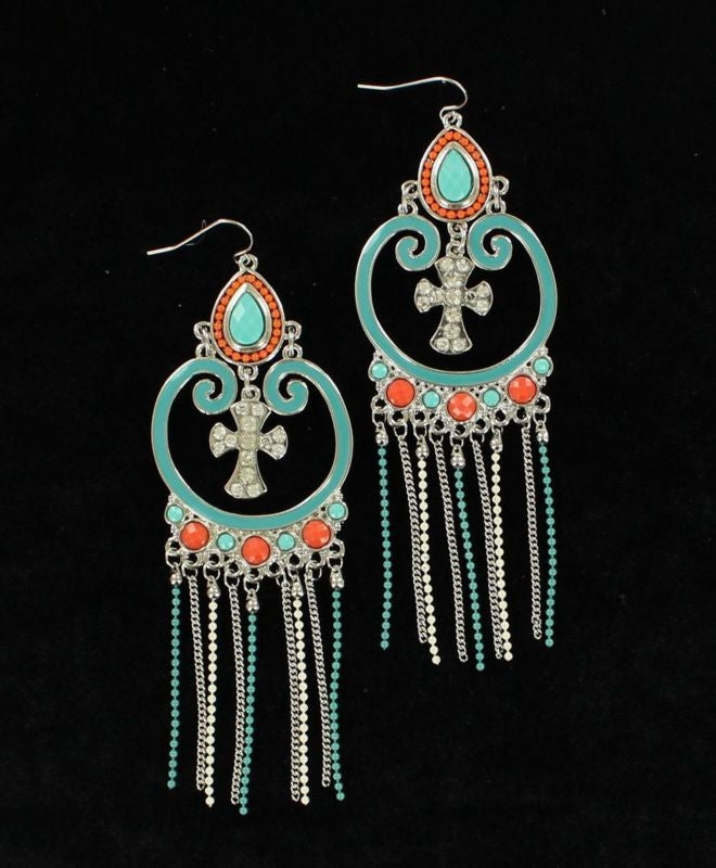 Blazin Roxx Drop Cross Chain Dangle EarringsTurq