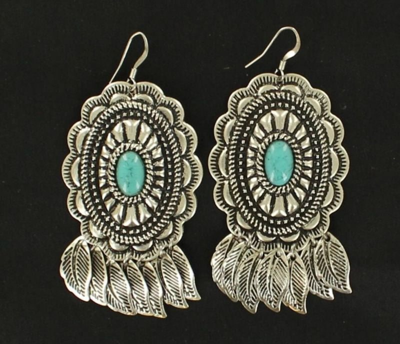 Fishhook Engraved Drop Feather EarringsTurq