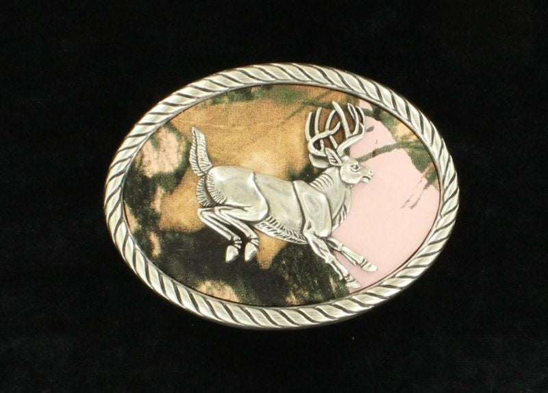 Blazin Roxx Mossy Oak Jumping Buck Oval Buckle Pnk