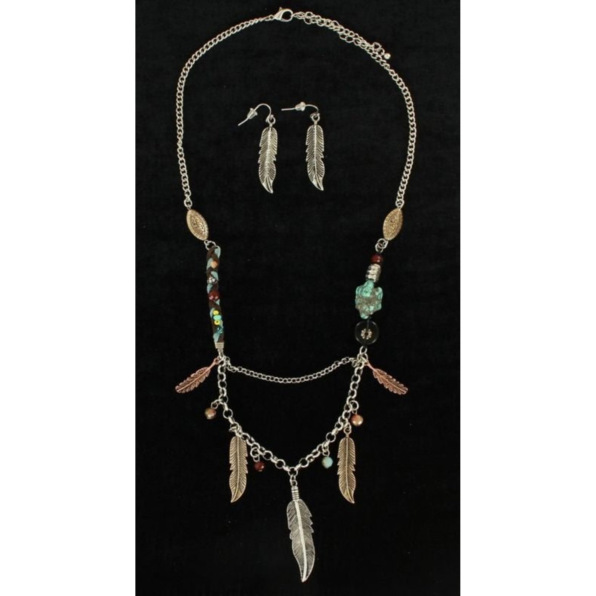 Multi Feather Beads Necklace/Earrings SetBk/Wh