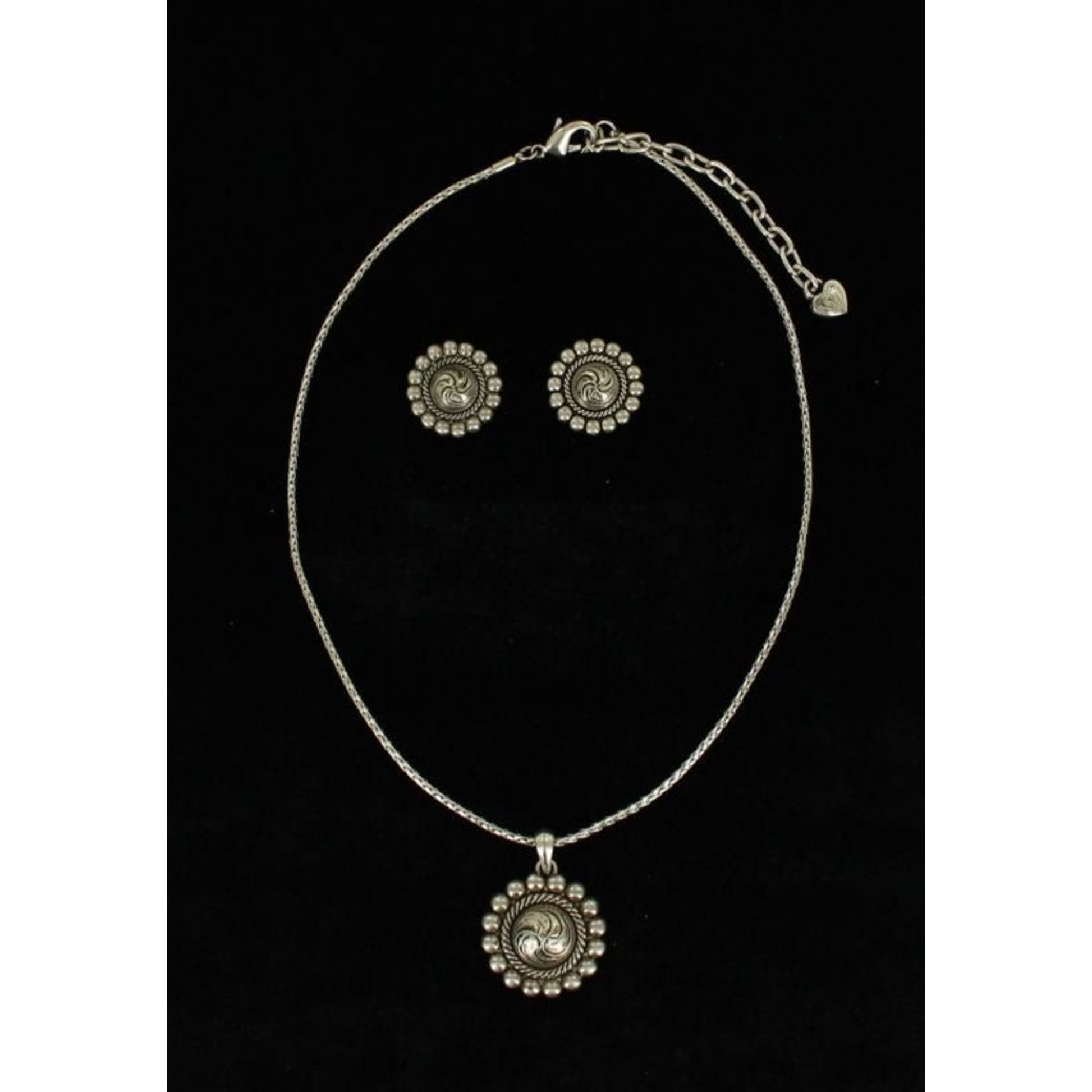 Round Beaded Concho Necklace/Earrng SetBk/Wh