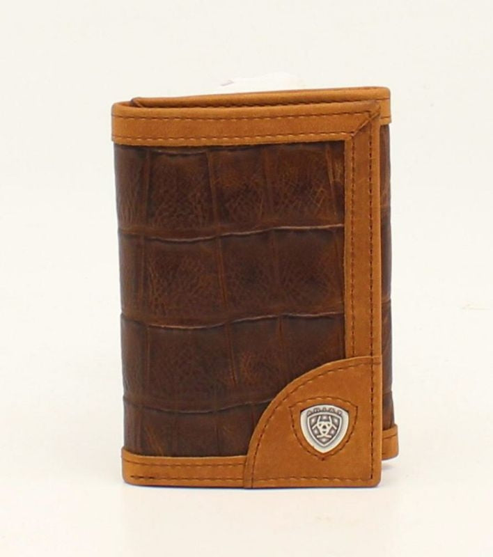 Ariat Mens Croco Trifold Corner Shield WalletBrn