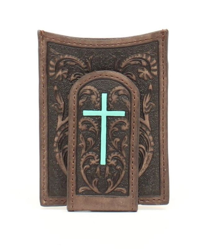 Mens Money Clip Center Cross Embossed WalletBrn