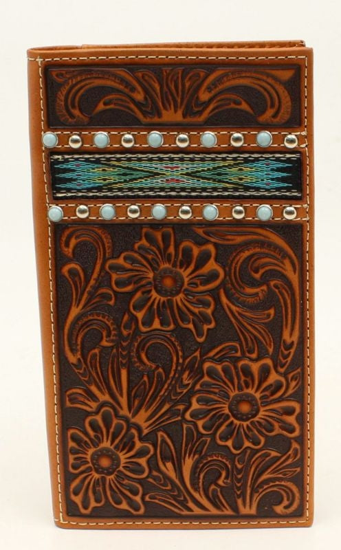 Ribbon Strip Inlay Stone Floral Embossed WalletTn