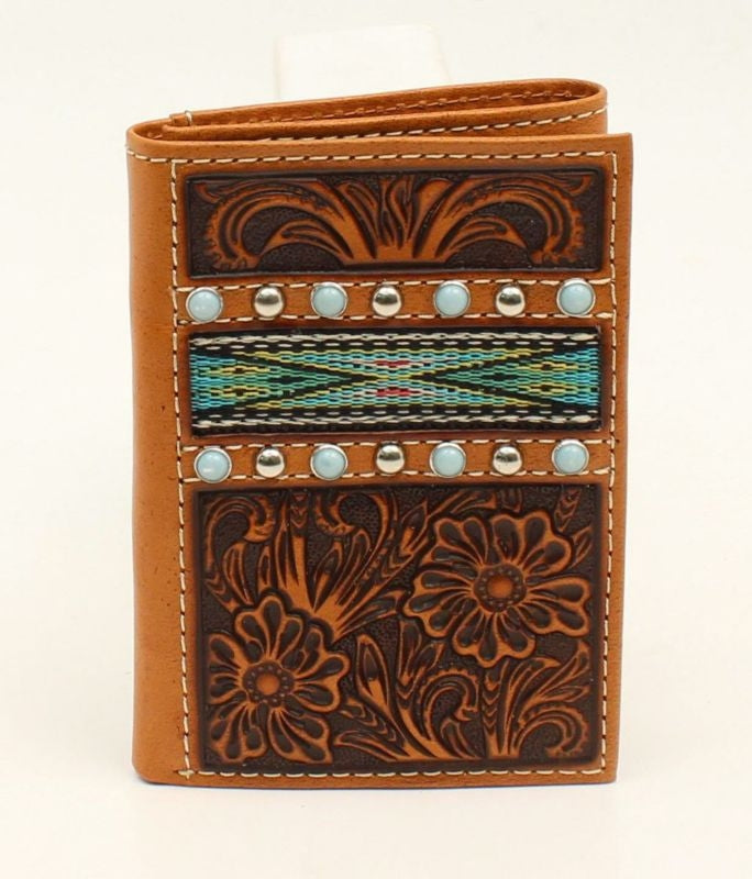 Trifold Strip Inlay Stone Floral Emboss WalletTn