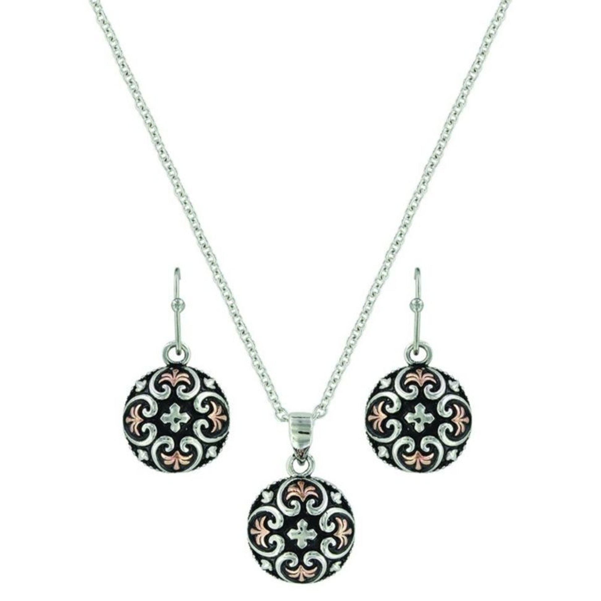 MontanaSilver Filigree HeartButton JewelrySetBk/Wh