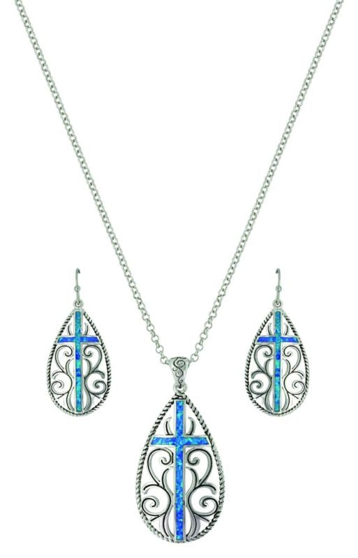 Silver Filigree Water Lights Cross Jewelry Set