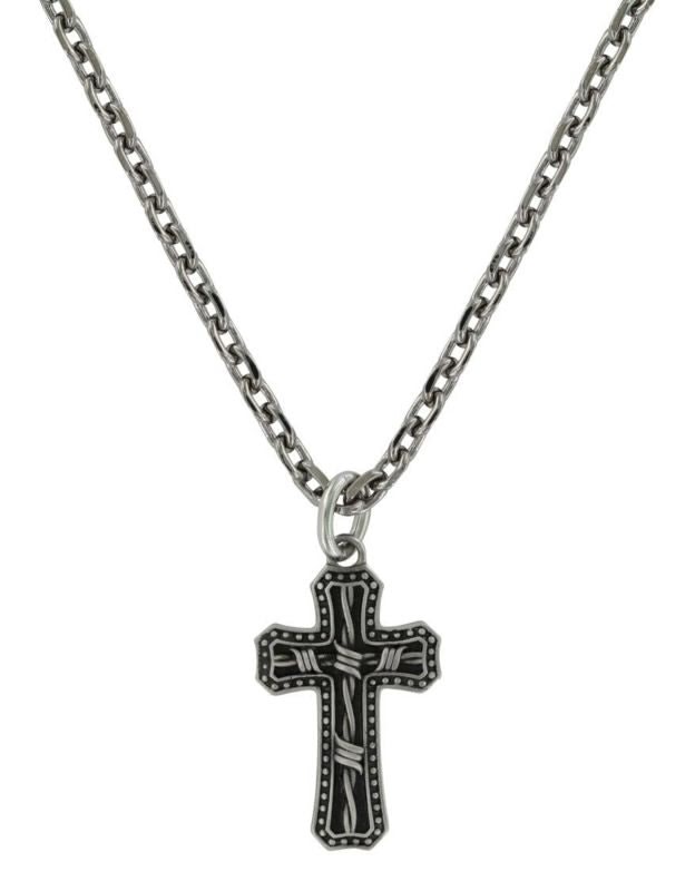 Antiqued Stainless Barbed Wire Cross Necklace