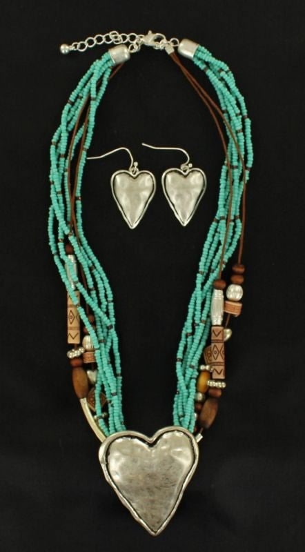 Multi-Strand Heart Necklace And Earring SetBk/Wh