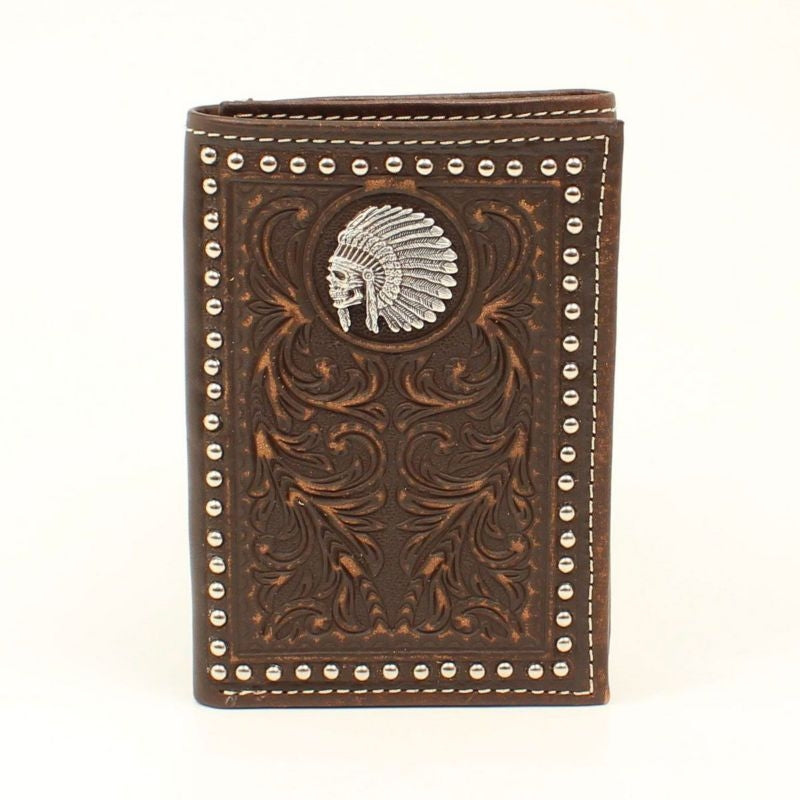 Ariat Chief Skull Embossesd Tri-Fold WalletBrown
