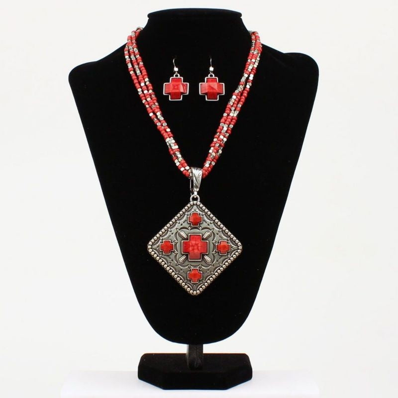 Cross Style Multi-Strand Necklace/Earrings Coral